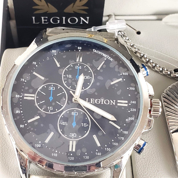 NEW!! Legion Mens Tachymeter Silver Watch & Necklace 62639 Stainless Steel Back - Picture 2 of 9